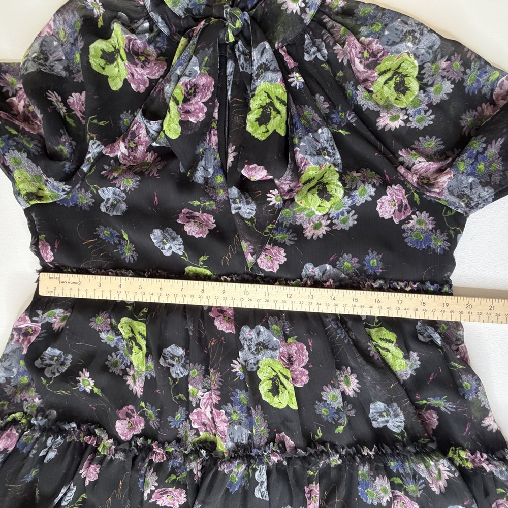 NWT Cinq a Sept Midnight Bloom Revina Dress Size 12 Dark Floral Tie Neck Tiered - Picture 13 of 15